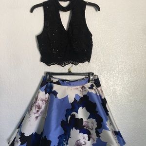 Blue Floral Two Piece Homecoming Dress